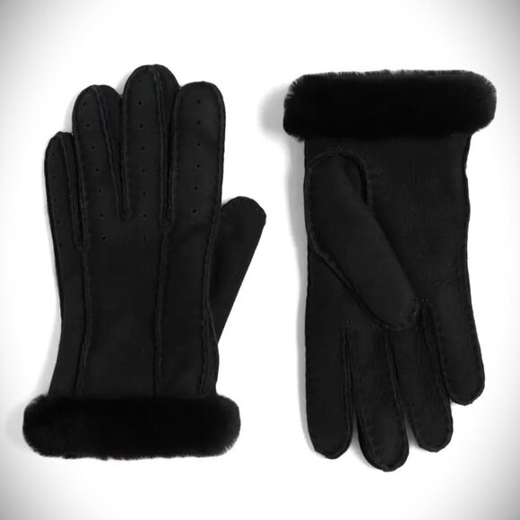 UGG Australi Perforated Genuine Shearling Suede Gloves in Black Sz L - Picture 1 of 8